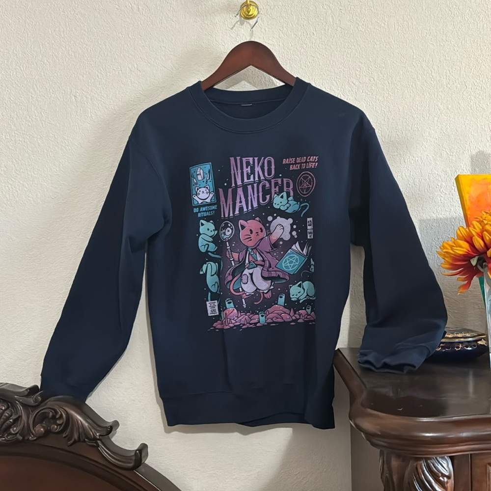 Unisex Navy Blue Graphic Crewneck Nekomancer Design Cute Cat Fleece Lined